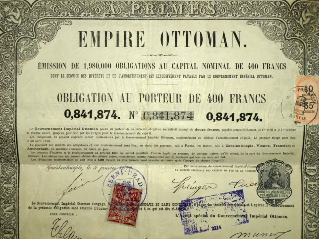 EMPIRE OTTOMAN, EMPRUNT A PRIME, OBLIGATION AU PORTEUR DE 400 FRANCS en 1870