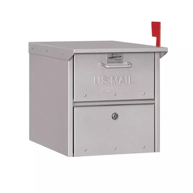 Mailbox Post-Mount Roadside Silver XL Red Flag Outgoing Mail Tray 2-Keys Lock