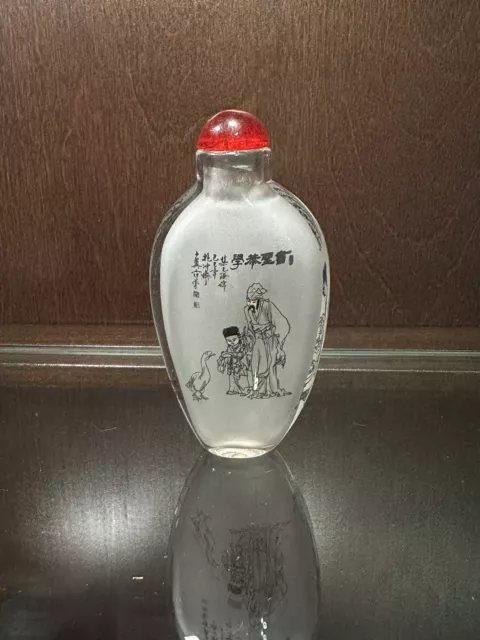 Chinese Glass Snuff Bottle Inside Painted W/ Poetic Calligraphy And Images