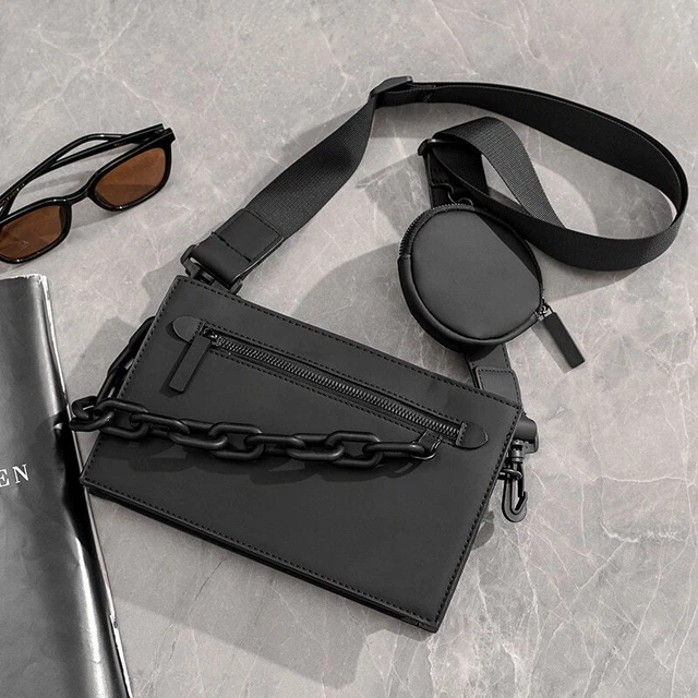 Men's Black Crossbody Bag Chain Decor PU Leather Shoulder Messenger Bags