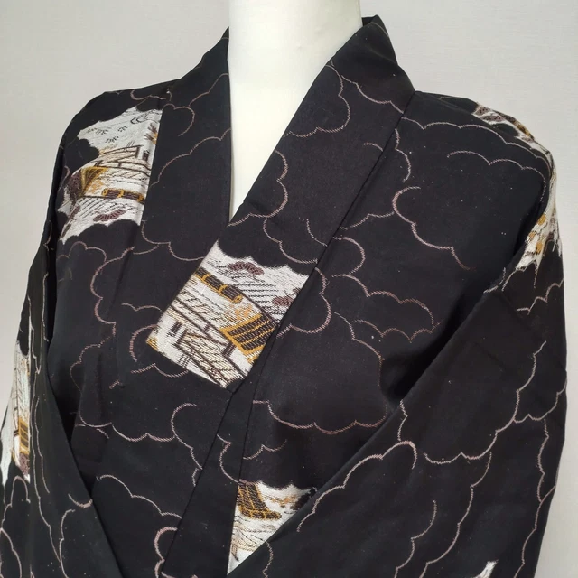 Woman Japanese Kimono Komon Silk Cloud Grass Flowers Black