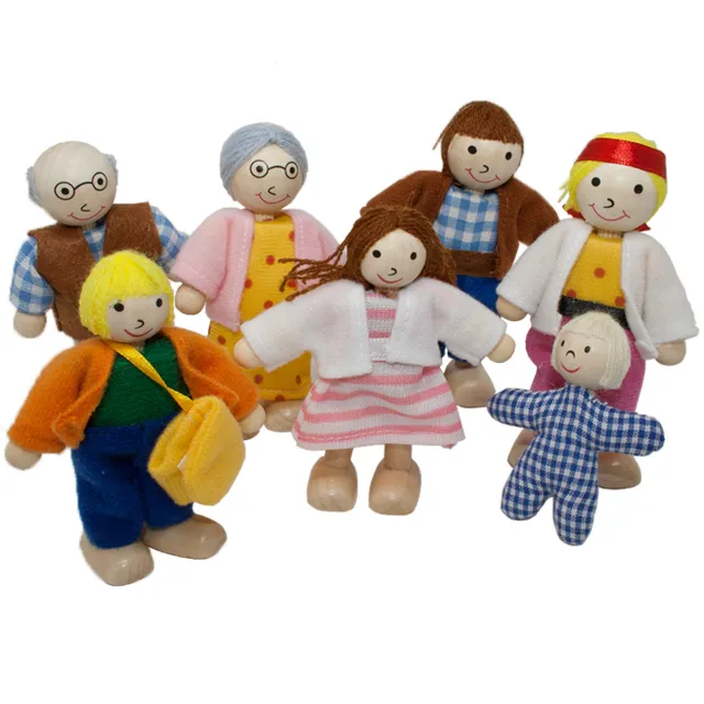 Dolls House Family of 7 Flexible Wooden Doll Figures People Accessories Sweetbee