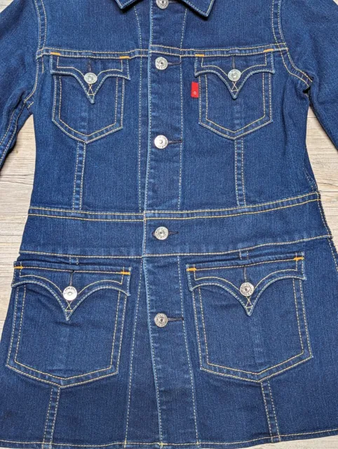 Levis Womens Type 1 Iconic Jacket LARGE LONG Dark Blue Denim RARE blank red tag 3
