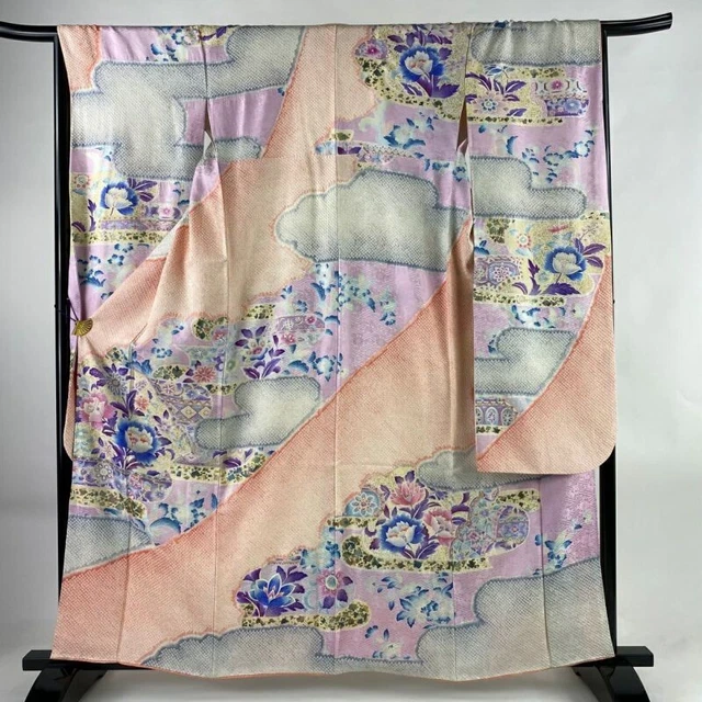 Japanese Kimono Furisode Pure Silk Flower Haze Gold Paint Salmon Pink Color