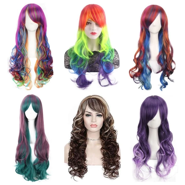 Cosplay Lolita Halloween Colored Wig Rainbow Synthetic Wig Fiber Bangs Hair✔