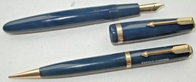 PARKER DUOFOLD SET - FOUNTAINPEN  + PENCIL in BLUE; 14 Kt. NIB ! ENGLAND c. 1960