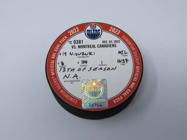 2022-23 Nick Suzuki Montreal Canadiens Game Used NHL Goal Puck! Edmonton Oilers