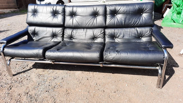 Pieff Alpha Mid Century 3 Seater black Leather Sofa plus 2 x chairs