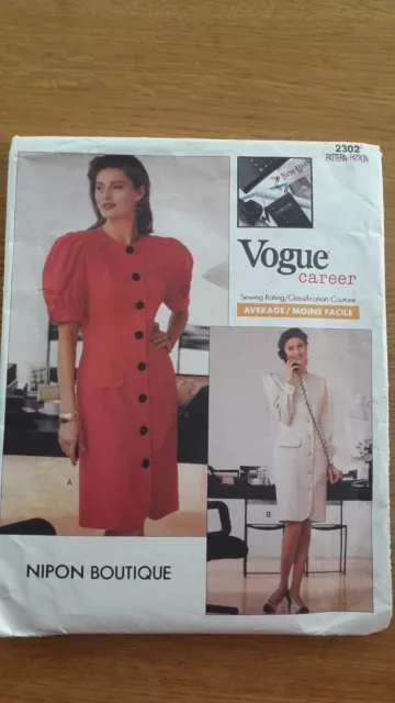 Vintage 80er Jahre Nipon Boutique Designer Vogue Nähmuster 2302 Kleid Größe 14
