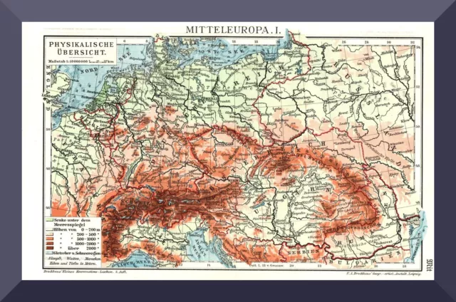 alte Landkarte +Mitteleuropa+ Physik. Übersicht + Geologie +Deutsches Reich+