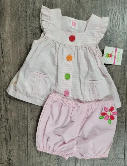 Baby Girl New Vintage Carter's 6 Month 2pc Pink Striped Flower Outfit