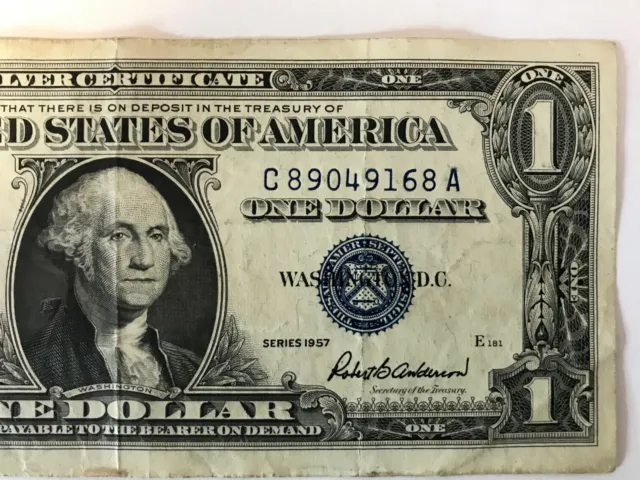 1957 Series $1 One Dollar Silver Certificate US Note Blue Seal  S/N C89049168A.