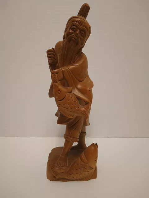 Chinese Hand Carved Wood Old Man Figurine Fisherman Buddha Statue Asian