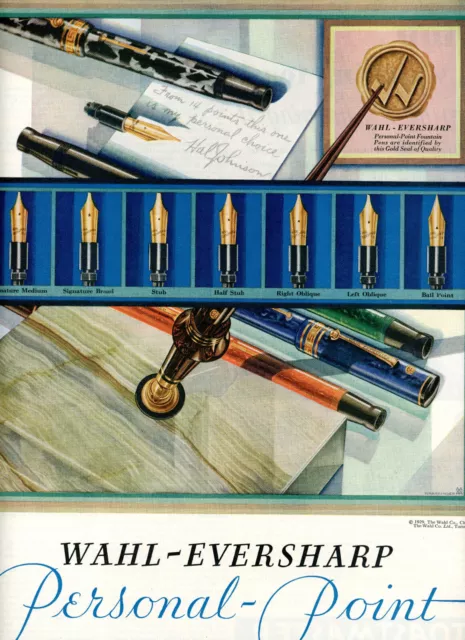 1929 Original Wahl-Eversharp Personal Point Fountain Pens Ad. 14 Points Shown