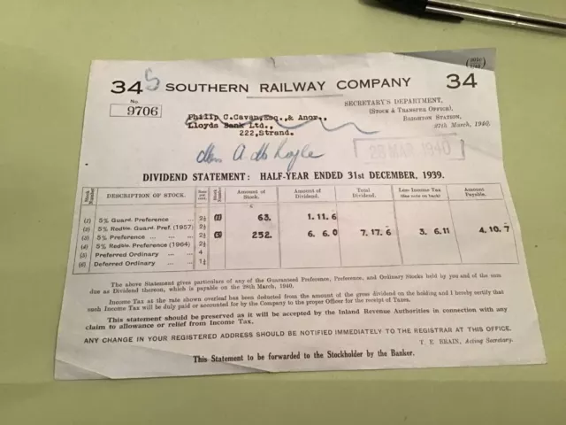 Southern Railway Company 1939 stock  interest certificate  Ref 50113