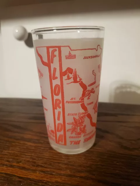 Vintage Florida Sunshine State Map Tourist Souvenir Glass Frosted Red