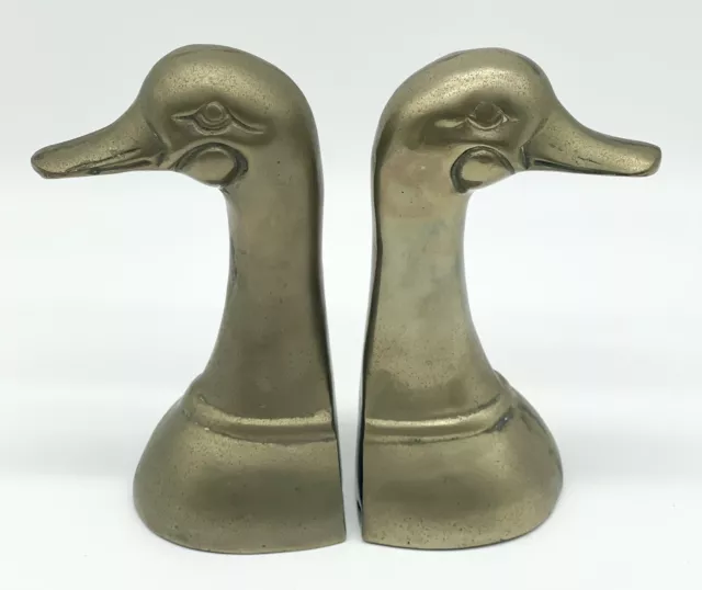 Vintage Solid Brass Mallard Duck Head Bookends 6.5" Tall