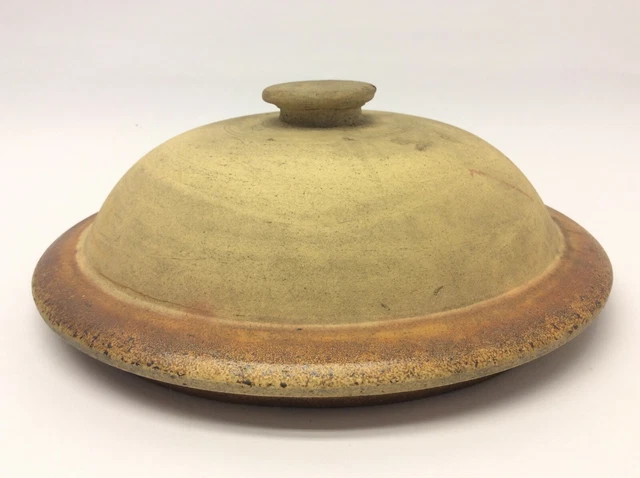 Antique Stoneware Large Handmade Brown Glazed Interior Crock Top Lid Cover 2