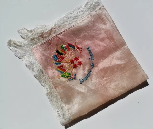 Vintage Embroidered Silk Handkerchief Hanky Souvenir of France Lace Edged Pink