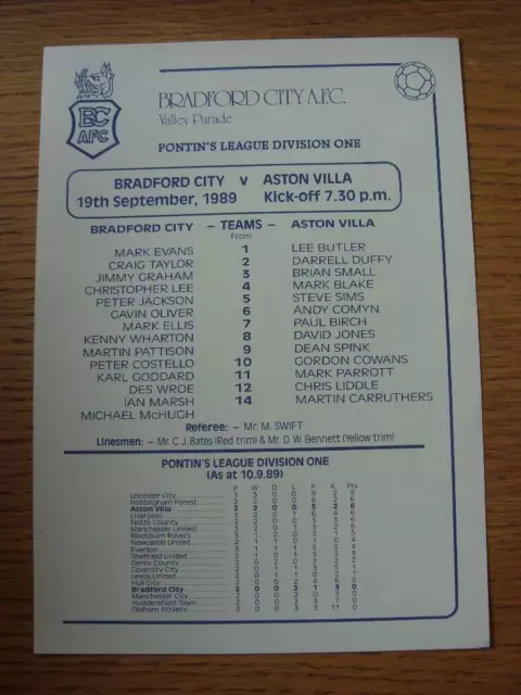 19/09/2009 Bradford City Reserves v Aston Villa Reserves  (Single Sheet)