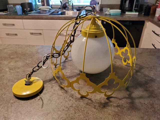 Rare Vintage Mid Century MCM Tole Ware Metal Hanging Light Lamp Glass Globe