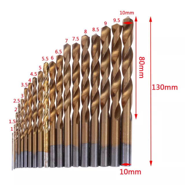 19pcs HSS Metric Drill Bit Set Titanium Coated Twist Drills Metal Wood 1-10mA-EL