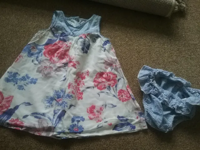 Baby girls Cath Kidston Blue White Pink Floral Dress + Pants Outfit  6-12 Months