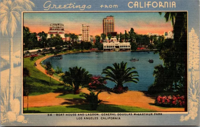 Vtg Los Angeles CA Boat House & Lagoon General Douglas Macarthur Park Postcard