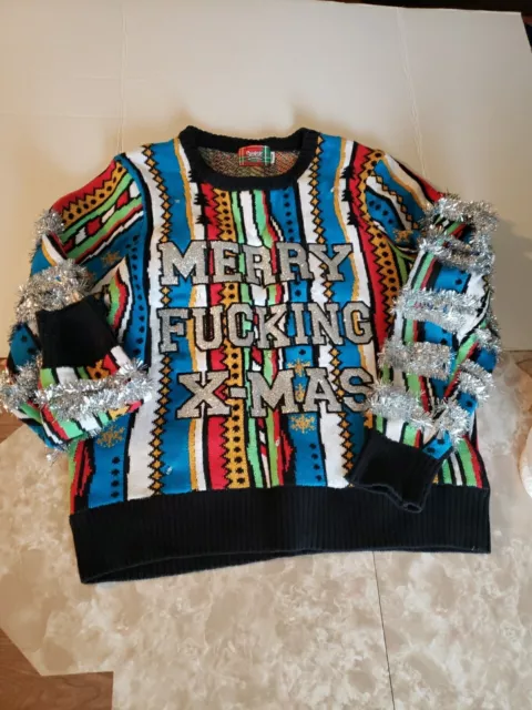 Spencers MERRY #@$^& CHRISTMAS Naughty Ugly Sweater LARGE - Read