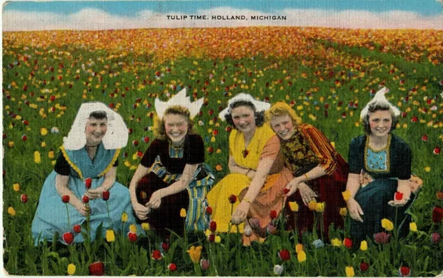 Vintage Linen Postcard, "Tulip Time" Holland Michigan, Highlighted circa 1940