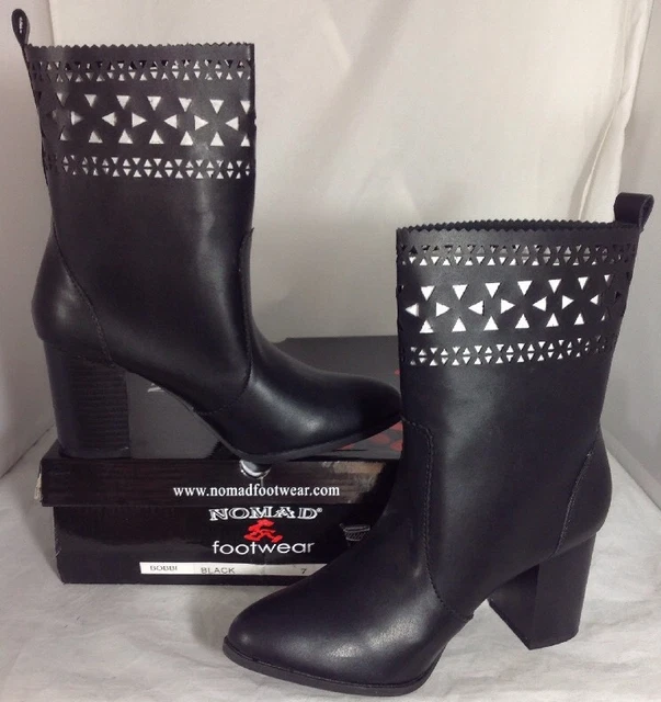 NEW NOMAD Black Leather Boots Size 7 Womens Heels Diamond Peek Cut Ankle Shoes
