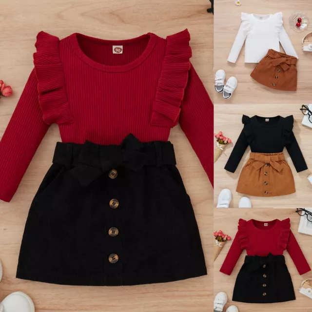 Toddler Baby Girls Ribbed Ruffle Tops Skirt Dress Kids Birthday Party Outfits