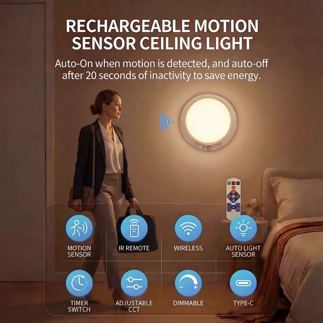 LED MOTION SENSOR Light Rechargeable Wireless Magnetic Ceiling/Wall ...