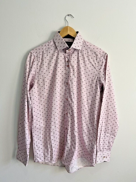 Camicia M da uomo bianca rosa Guide London, leggera gessata abbottonata cotone intelligente