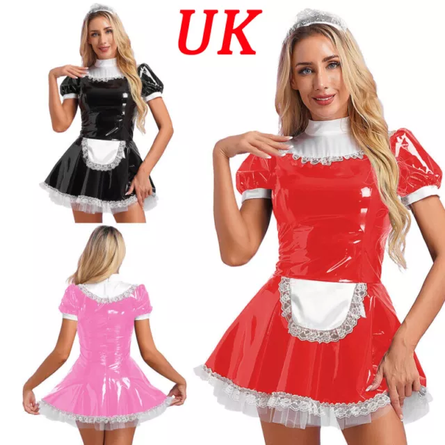 UK Women Patent Leather French Maid Outfit Halloween Costume Cosplay Apron Dress