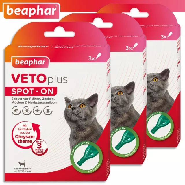 Beaphar 3 Pacco À 3 X 1ml Vetoplus Spot-On Anti Parassiti Gatti Da 12 Settimane