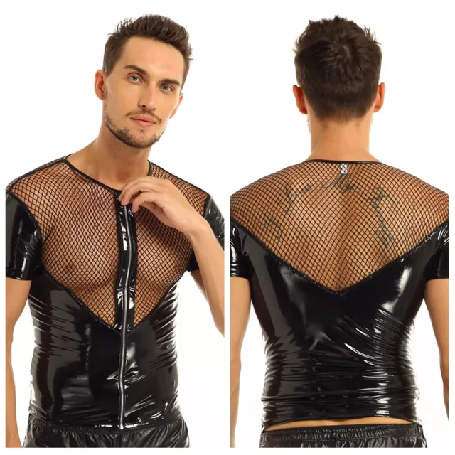 Sexy Men Wetlook Leather Fishnet See Through Muscle T-Shirt Zipper Tops Club