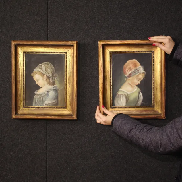 Coppia di dipinti firmati olio su tela ritratti due quadri donne bambine 900 2
