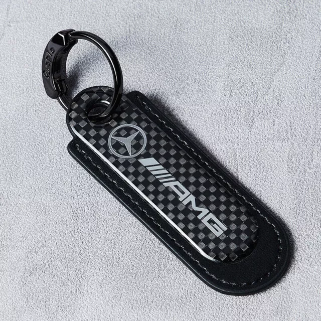 Real Carbon Fiber+Black Leather Keychain Key Fob Key Ring for Mercedes Benz AMG