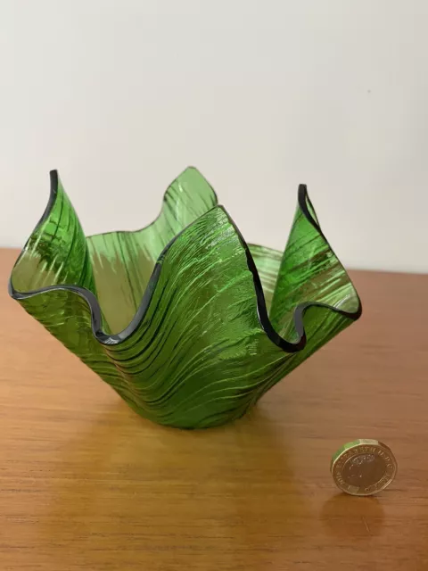 Vintage Chance Brothers Green Glass Textured Bark Effect Handkerchief Vase