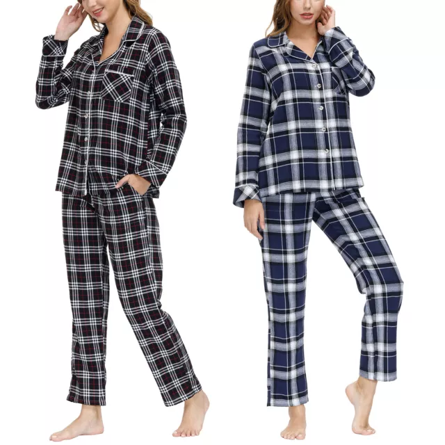 Women 2 Piece Lounge Set Long Sleeve Pajama Plaid Nightwear Home Sleep Casual