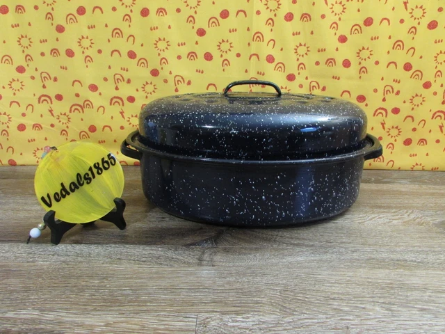 VINTAGE Blue Speckled Enamel/Granite Ware Med Oval Roasting Pan w/Lid 14x10x6"