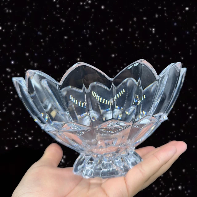 Clear Crystal Lotus Flower Bowl Centerpiece Art Glass Vintage Glass 3.75”T 7”W 2