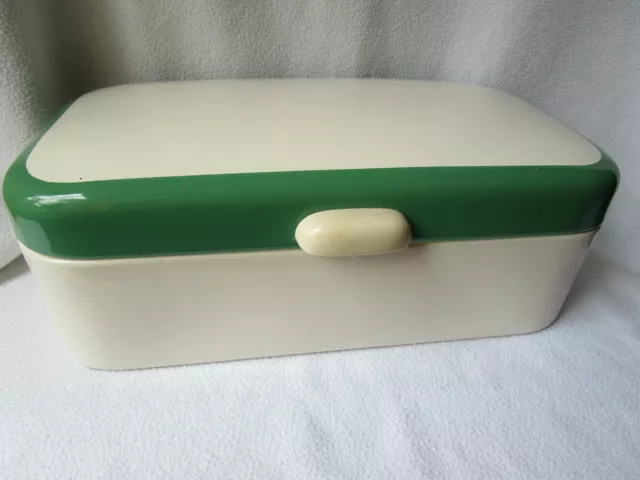 schöne alte große Brotdose Brotkasten Emaillle weiß mit grünem Rand 41x23x15cm