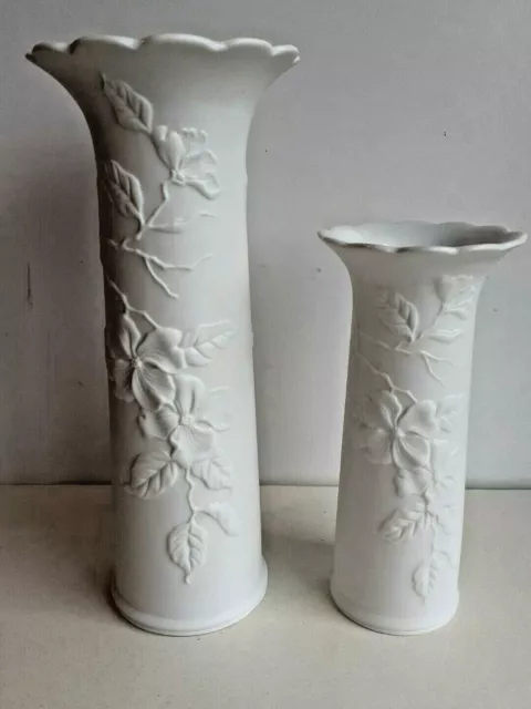 Vintage Kaiser White Bisque Porcelain Trumpet Vases. 1970's.Dogwood.M. Frey.659