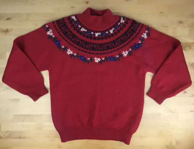 Vintage Eddie Bauer Wool Sweater Red Pullover Fair Isle Embroidered Flowers Sz S