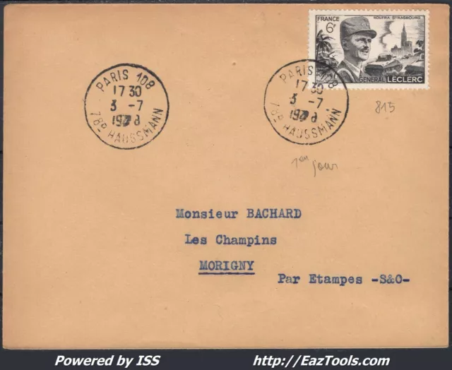 France N°815 Seul Sur Lettre Cad Paris Du 03/07/1948 Premier Jour D'emission