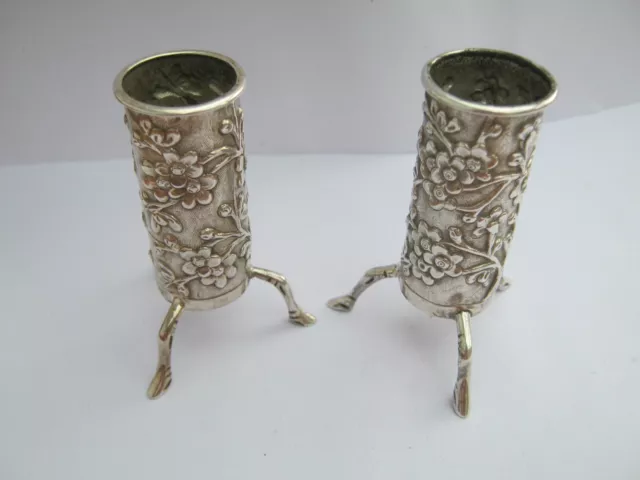 Antique Chinese Export Silver Pair Of Vases By Wang Hing With Peony Flowers 2