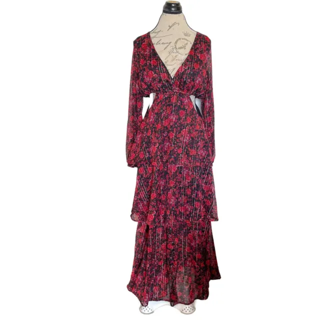 Haute Nites Dress Floral Red Side Cut out Tiered Long Sleeve Semi Sheer Size 11