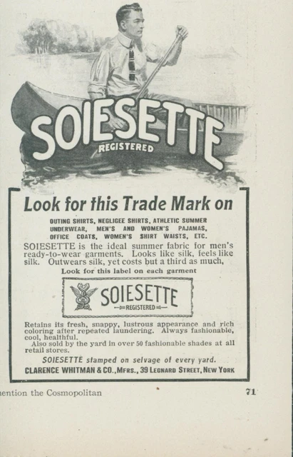 1910 Soiesette Ideal Summer Fabric Man Canoe Paddle Whitman Vintage Print Ad CO2